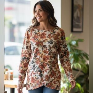 NWT, AGB, Fall Tunic Pullover Tan, Orange Floral Top, Scalloped Front Bottom XL